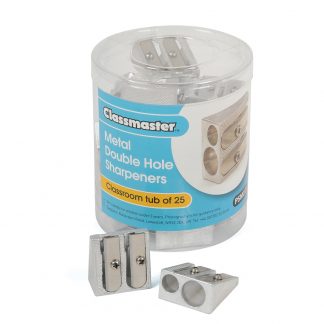 Pack of 25 double hole pencil sharpeners in a handy Classmaster branded plastic tub