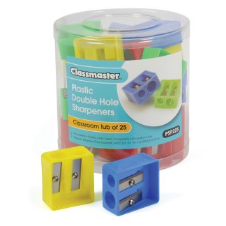 Plastic double hole pencil sharpeners in a storage tub, branded as Classmaster