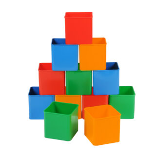 Classmaster Deskpots stacked up in colours red, blue, orange and green