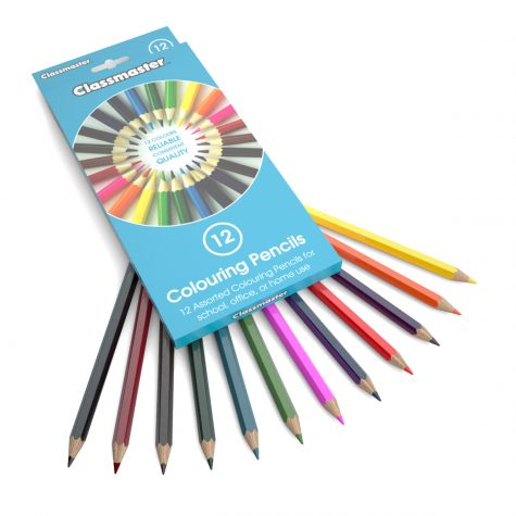 Pack of 12 Colouring Penclis in 12 assorted colours, with Classmaster branded packaging