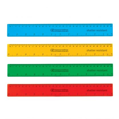 assorted colour rulers from Classmaster contains 25 each of rulers in blue, yellow, green and red