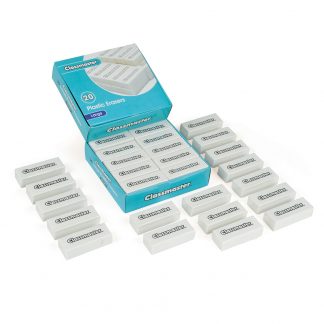 Pack of 20 Plastic Pencil Erasers, individually shrink-wrapped in the blue Classmaster box