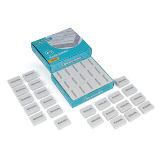 Classmaster small plastic pencil erasers in a blue classmaster box