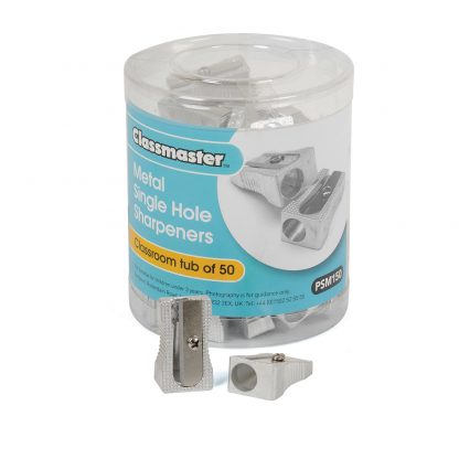 Pack of 50 single hole pencil sharpeners made from metal in a handy plastic tub that's branded with Classmaster