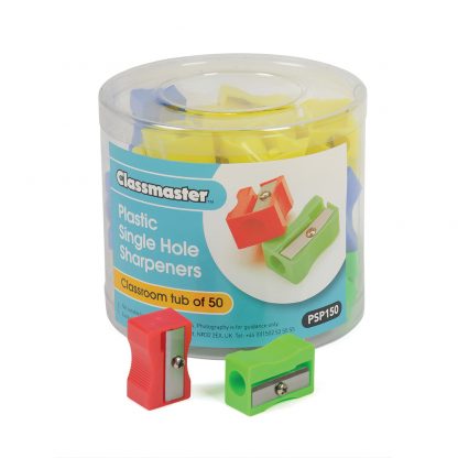 Plastic single hole pencil sharpeners in a pack of 50, supplied in a plastic tub with Classmaster branding