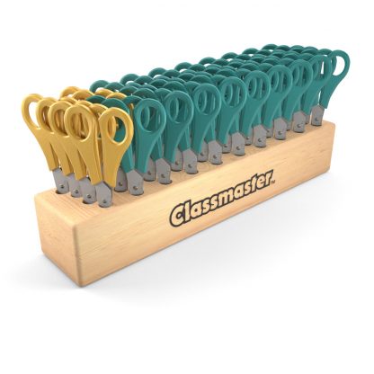 Wooden Scissor Block with Scissors showing 26 pairs of right-handed and 6 pairs of left-handed, all stored in the Classmaster branded block